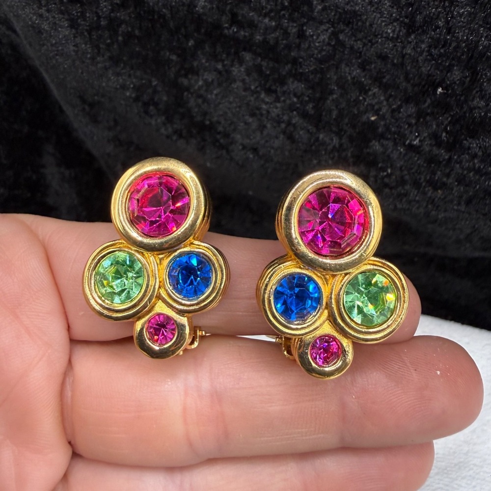 Vintage Swarovski Clip On Earrings Gold‎ Tone Rhinestone Multicolor Signed